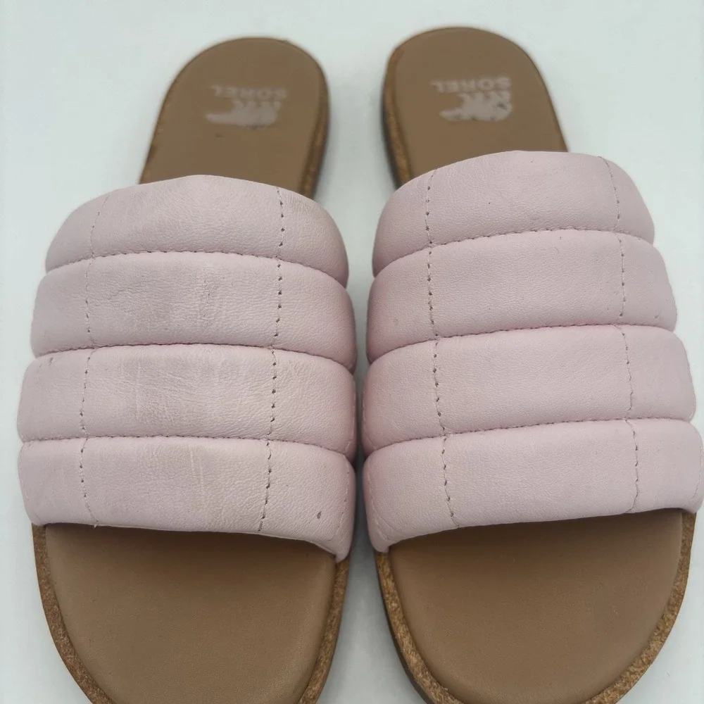 New Sorel Women's Ella III Quilted Puff Slide Pink Leather Sandals Shoes Sz‎ 8